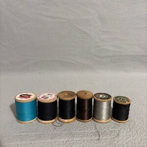 Vintage Lot of Six Wooden Thread Spools With Thread different colors